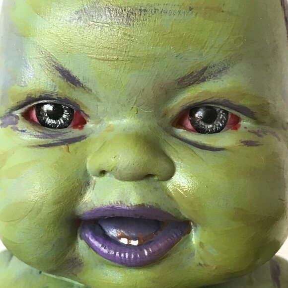 Custom Hand Painted OOAK Devil Child Demon Doll Green Halloween Horror Decor - Picture 2 of 16